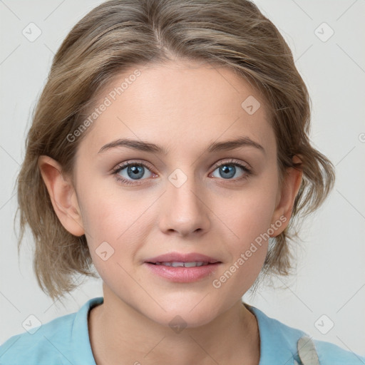 Joyful white young-adult female with medium  brown hair and blue eyes