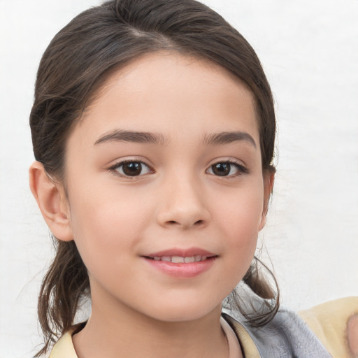 Joyful white child female with medium  brown hair and brown eyes