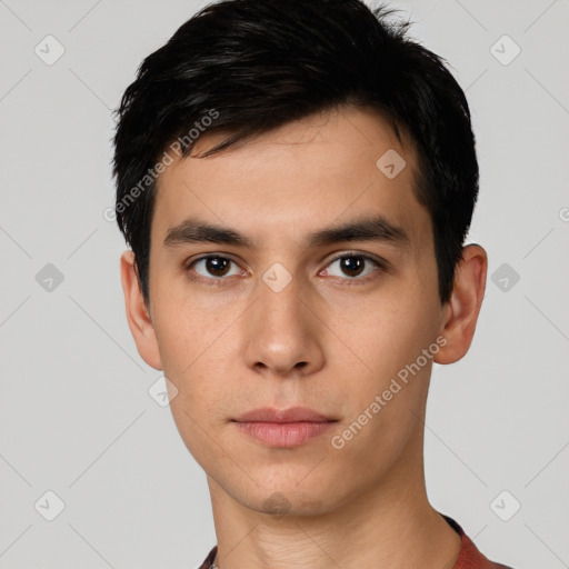 Neutral asian young-adult male with short  black hair and brown eyes