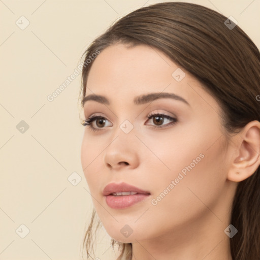 Neutral white young-adult female with long  brown hair and brown eyes