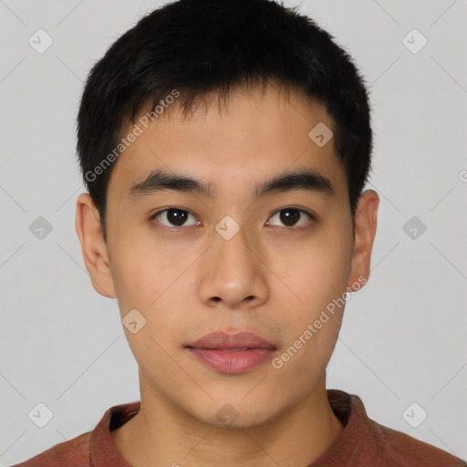 Neutral asian young-adult male with short  black hair and brown eyes