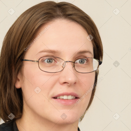 Joyful white young-adult female with medium  brown hair and green eyes