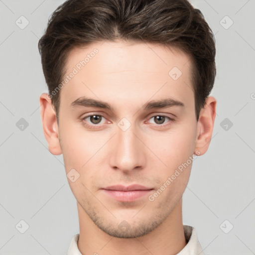 Neutral white young-adult male with short  brown hair and brown eyes