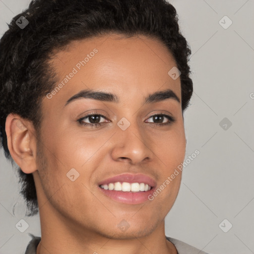 Joyful latino young-adult female with short  brown hair and brown eyes