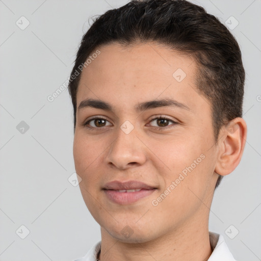 Joyful white young-adult female with short  brown hair and brown eyes