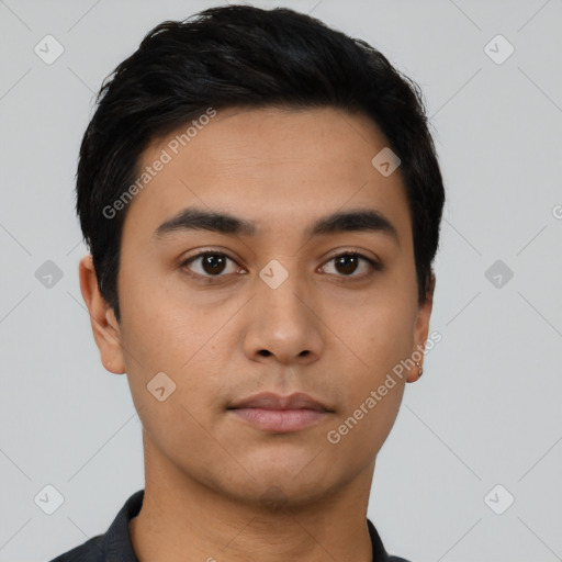 Neutral latino young-adult male with short  black hair and brown eyes