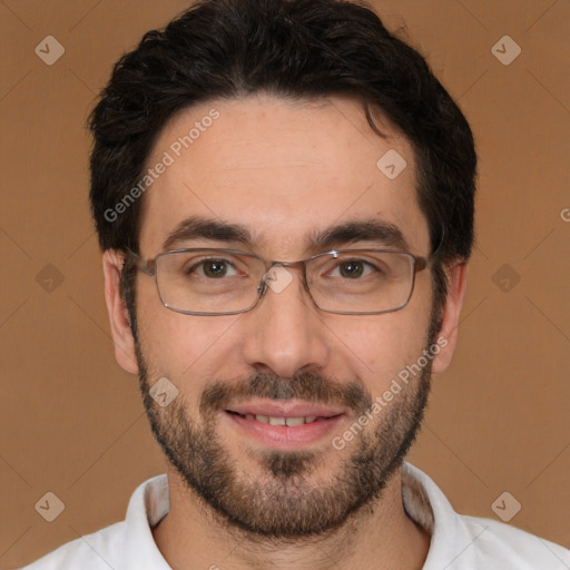 Joyful white young-adult male with short  black hair and brown eyes