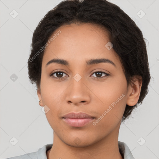 Neutral latino young-adult female with short  brown hair and brown eyes