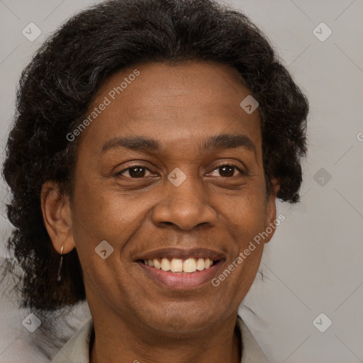 Joyful black adult male with short  brown hair and brown eyes