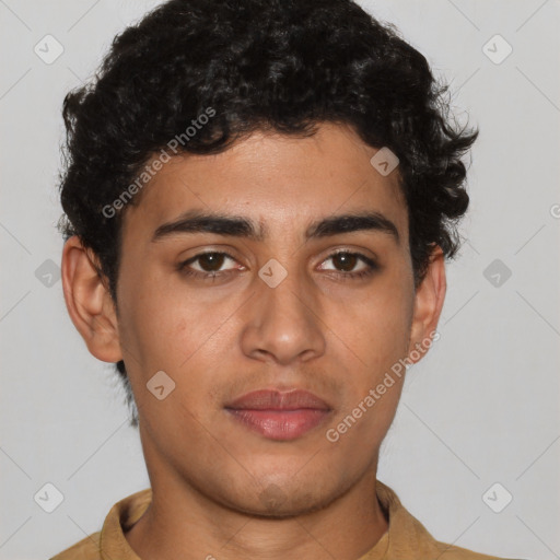 Neutral latino young-adult male with short  brown hair and brown eyes