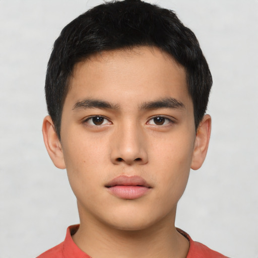 Neutral asian young-adult male with short  black hair and brown eyes