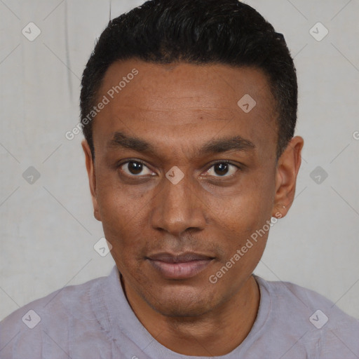 Neutral black young-adult male with short  black hair and brown eyes