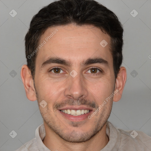 Joyful white young-adult male with short  brown hair and brown eyes