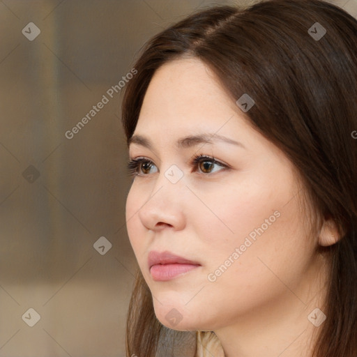 Neutral white young-adult female with medium  brown hair and brown eyes