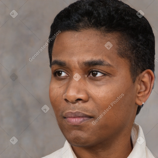 Neutral black young-adult male with short  black hair and brown eyes