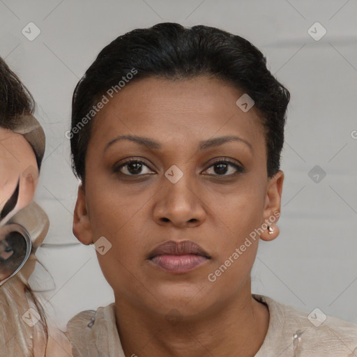 Neutral black young-adult female with short  brown hair and brown eyes