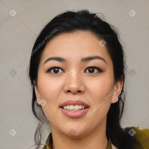 Joyful asian young-adult female with medium  brown hair and brown eyes