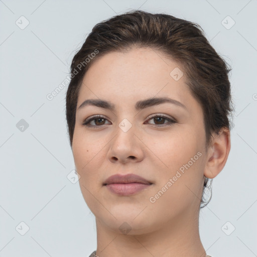 Neutral white young-adult female with short  brown hair and brown eyes