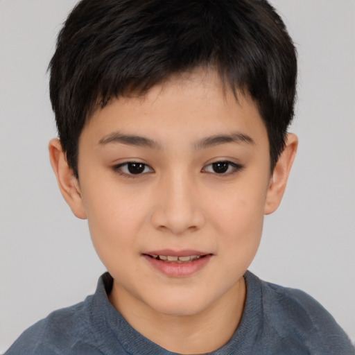 Joyful asian child male with short  brown hair and brown eyes
