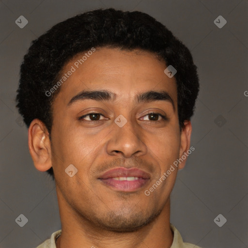 Joyful latino young-adult male with short  brown hair and brown eyes