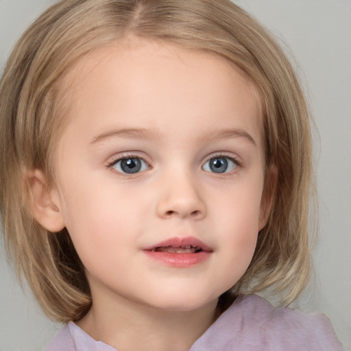 Neutral white child female with medium  brown hair and blue eyes