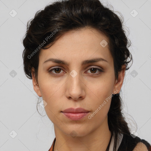 Neutral white young-adult female with medium  brown hair and brown eyes