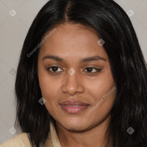 Joyful asian young-adult female with long  black hair and brown eyes