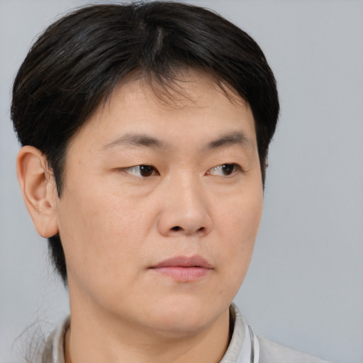 Neutral asian young-adult male with short  brown hair and brown eyes