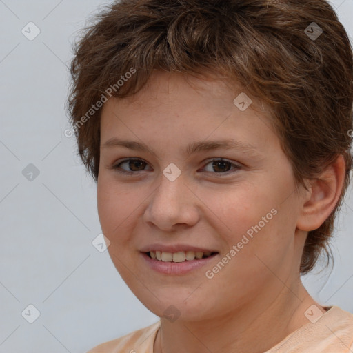 Joyful white child female with medium  brown hair and brown eyes