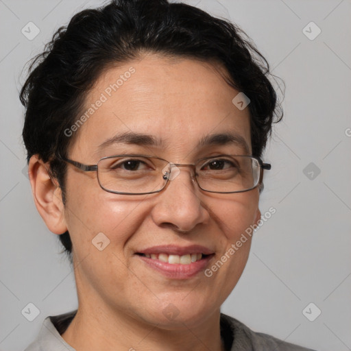 Joyful white adult female with short  brown hair and brown eyes