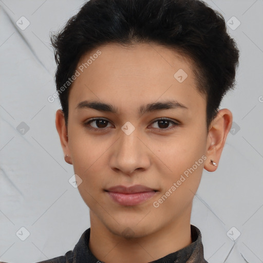 Joyful latino young-adult female with short  brown hair and brown eyes