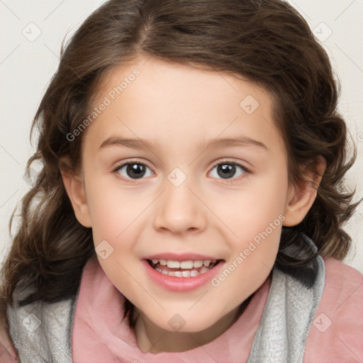 Joyful white child female with medium  brown hair and brown eyes