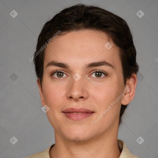 Joyful white young-adult female with short  brown hair and grey eyes