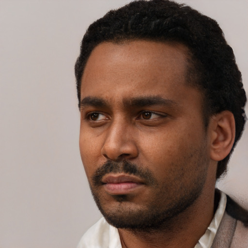 Neutral black young-adult male with short  black hair and brown eyes