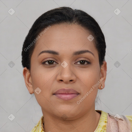 Joyful latino young-adult female with short  brown hair and brown eyes
