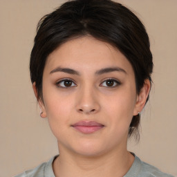 Neutral white young-adult female with medium  brown hair and brown eyes