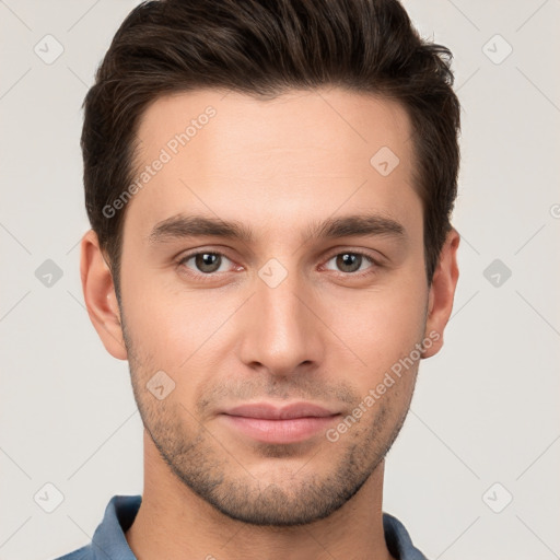 Neutral white young-adult male with short  brown hair and brown eyes