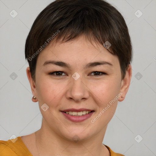 Joyful white young-adult female with short  brown hair and brown eyes