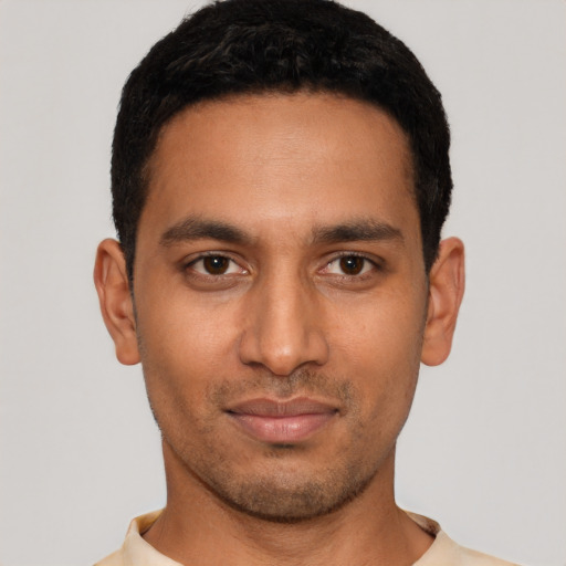 Neutral latino young-adult male with short  black hair and brown eyes