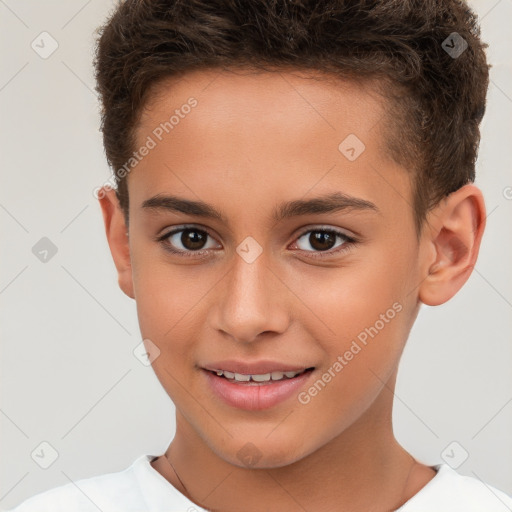 Joyful white child female with short  brown hair and brown eyes