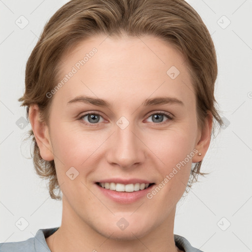 Joyful white young-adult female with medium  brown hair and grey eyes