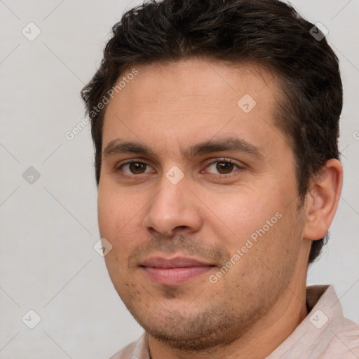 Joyful white adult male with short  brown hair and brown eyes