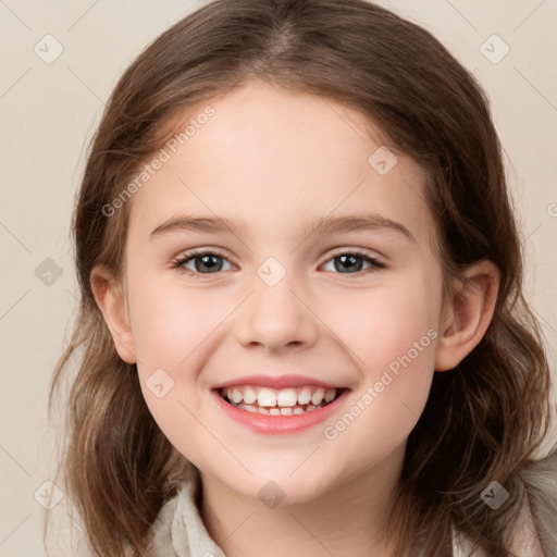 Joyful white child female with medium  brown hair and brown eyes