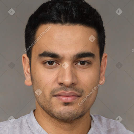 Neutral latino young-adult male with short  black hair and brown eyes