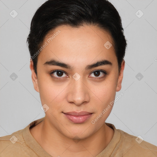 Joyful white young-adult female with short  brown hair and brown eyes