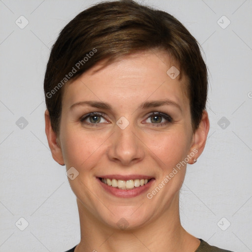 Joyful white young-adult female with short  brown hair and grey eyes