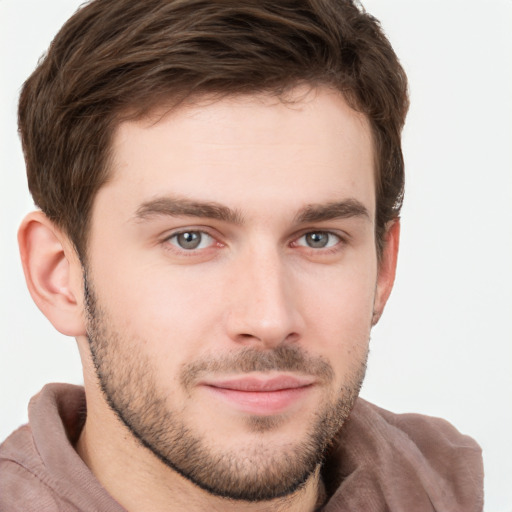 Neutral white young-adult male with short  brown hair and grey eyes