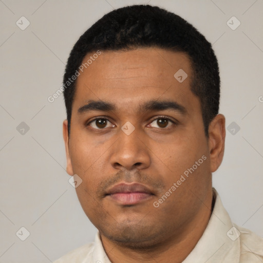 Neutral latino young-adult male with short  black hair and brown eyes