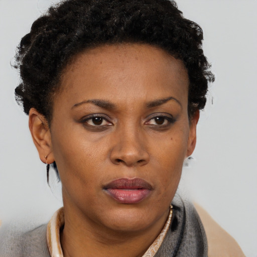 Neutral black adult female with short  brown hair and brown eyes