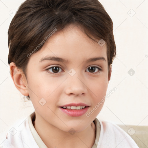 Joyful white child female with short  brown hair and brown eyes